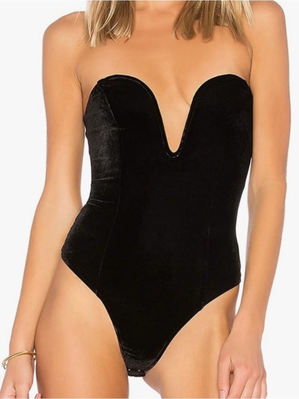 h:ours Velvet Plunging Black Bodysuit